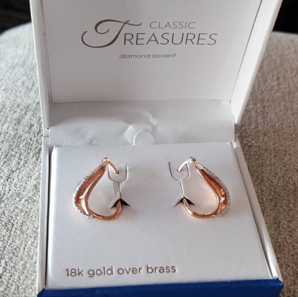 18k Rose Gold Vintage Hoop Earrings With Diamond Accents In Box NIB